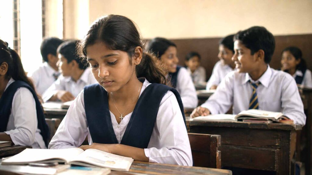 Studentessa cristiana pakistana seduta pensierosa in una classe
