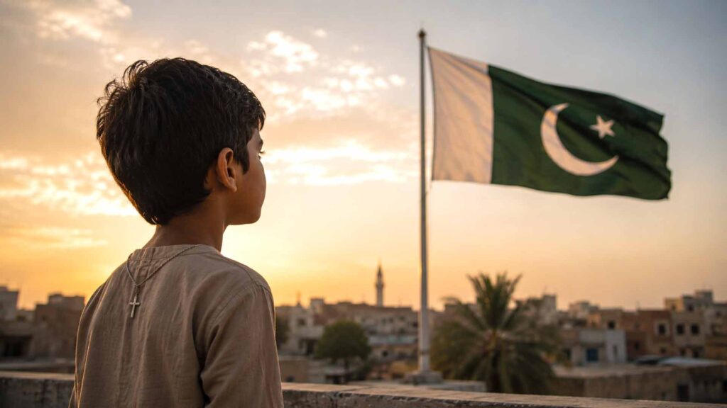 Bambino cristiano pakistano guarda la bandiera nazionale e la sua striscia bianca