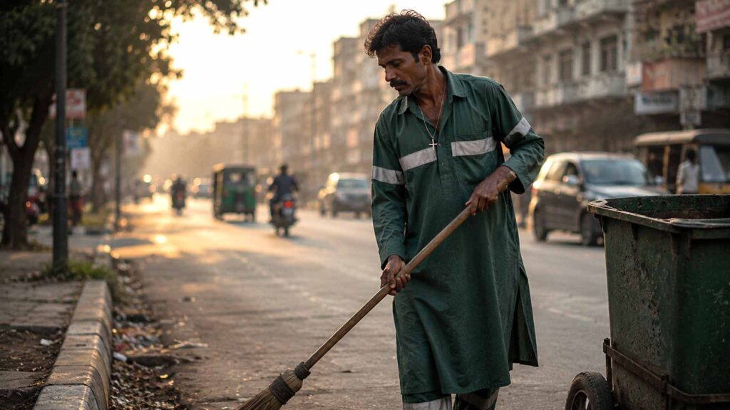 Lavoratore municipale cristiano pakistano mentre pulisce una strada