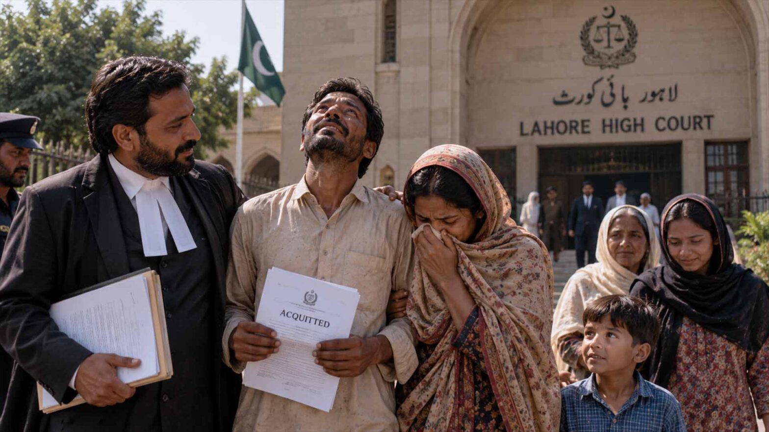 Uomo con documento di assoluzione accanto a un avvocato e ai familiari davanti all'Alta Corte di Lahore – immagine illustrativa