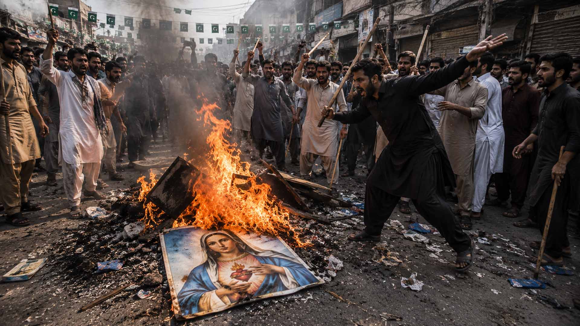 Folla di uomini con bastoni attorno a un incendio e a un'immagine della Vergine Maria in una strada pakistana – immagine illustrativa