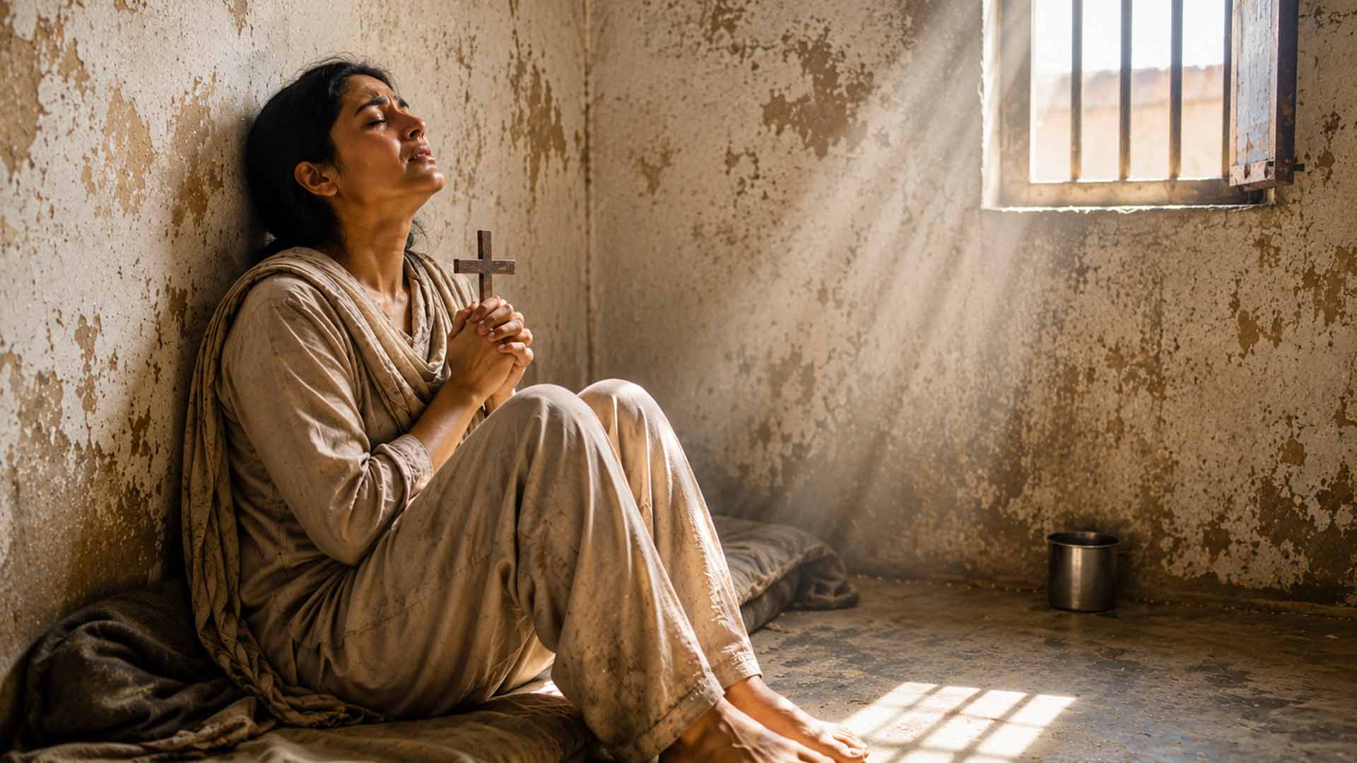 Donna seduta sul pavimento di una stanza spoglia, con le mani giunte in preghiera e una croce di legno