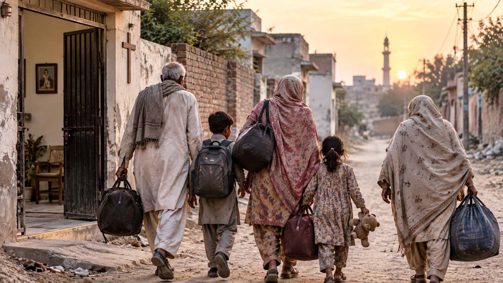 Famiglia pakistana con bambini e anziani che cammina lungo una strada portando borse e bagagli – immagine illustrativa