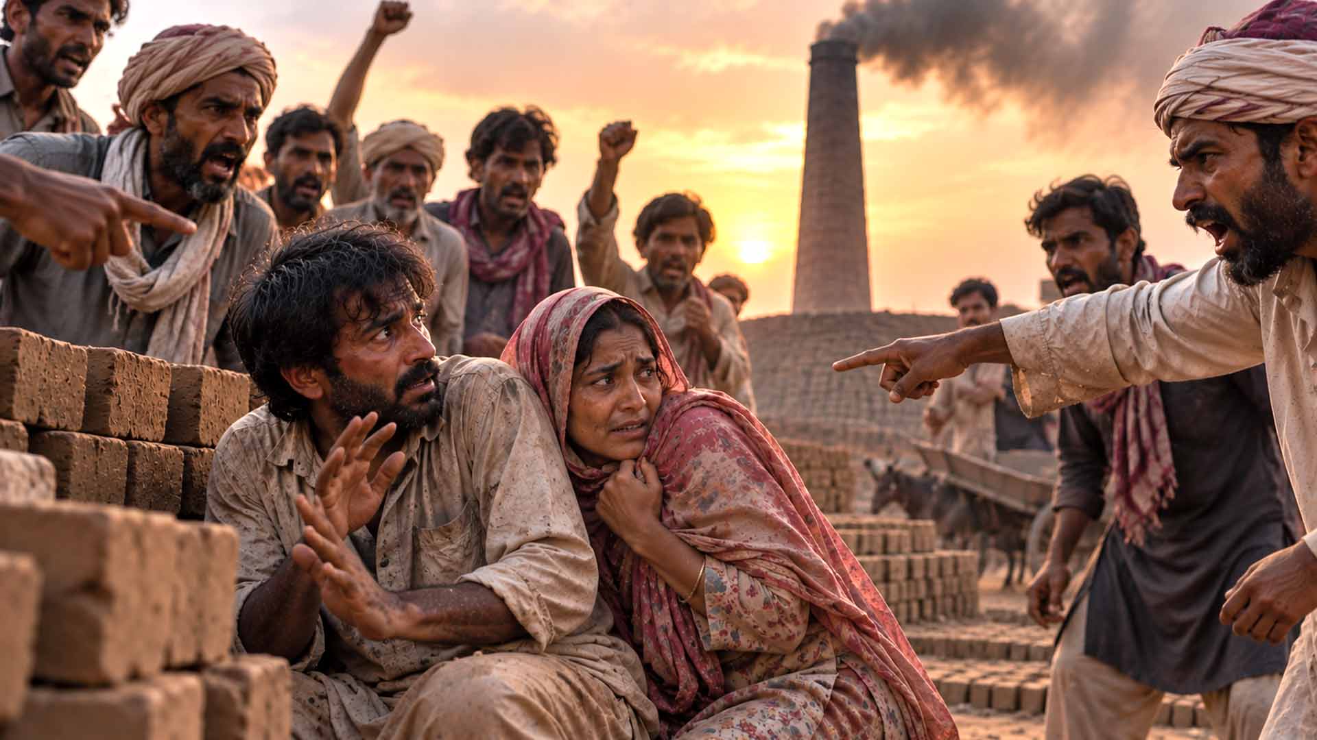 Uomo e donna spaventati circondati da uomini che gridano e li indicano in una fornace di mattoni in Pakistan – immagine illustrativa