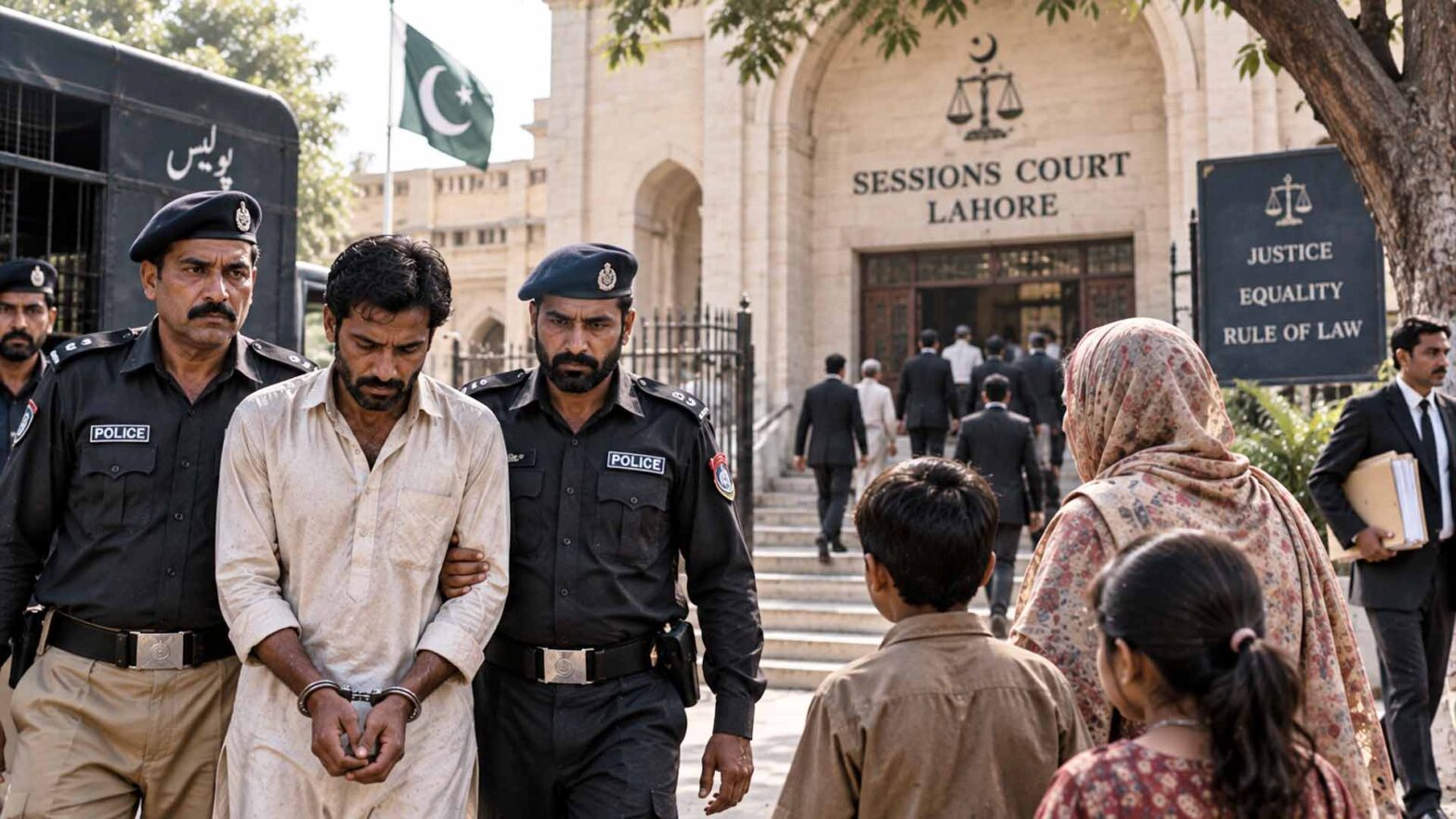 Uomo ammanettato accompagnato da agenti di polizia davanti a un tribunale di Lahore, con familiari nelle vicinanze – immagine illustrativa
