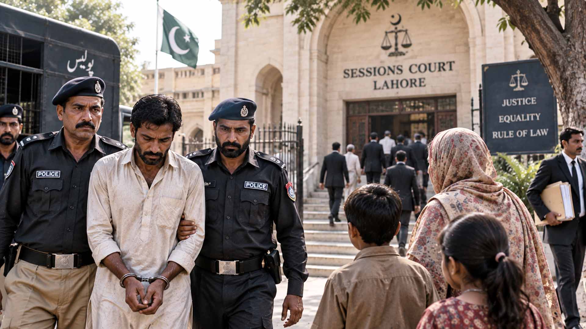 Uomo ammanettato accompagnato da agenti di polizia davanti a un tribunale di Lahore, con familiari nelle vicinanze – immagine illustrativa