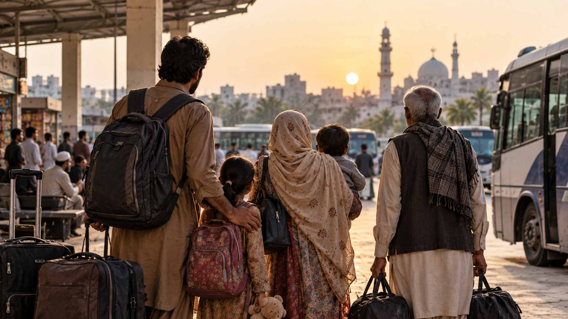 Famiglia con bambini, anziani e bagagli in una stazione degli autobus in Pakistan al tramonto – immagine illustrativa