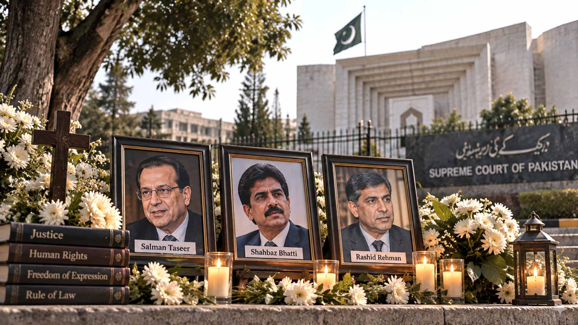 Memoriale illustrativo con tre ritratti etichettati Salman Taseer, Shahbaz Bhatti e Rashid Rehman, fiori bianchi e candele