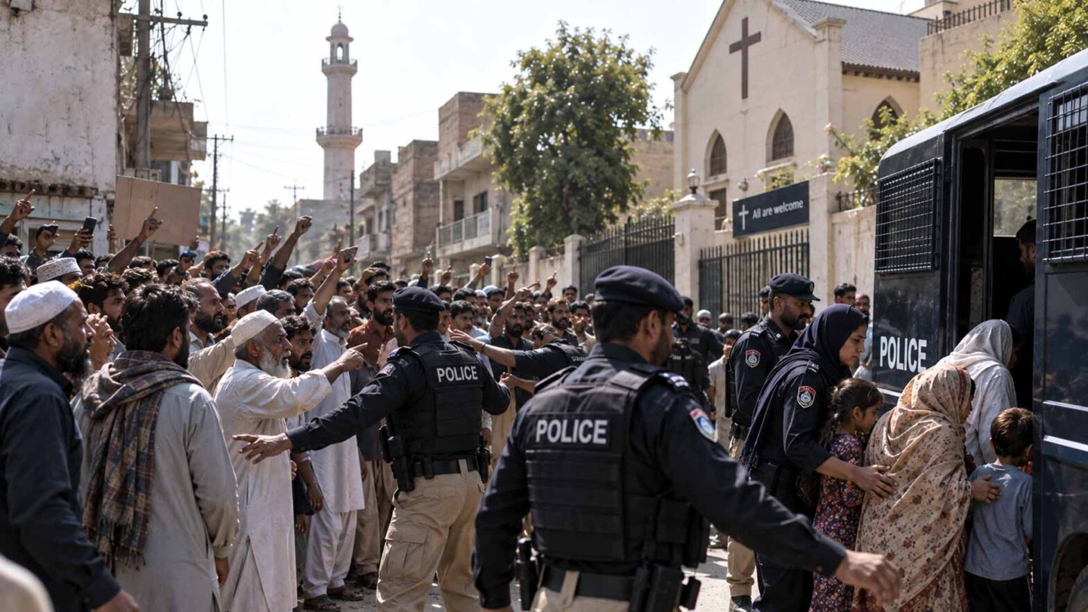 Agenti di polizia contengono una folla agitata mentre donne e bambini salgono su un veicolo della polizia davanti a una chiesa in Pakistan – immagine illustrativa