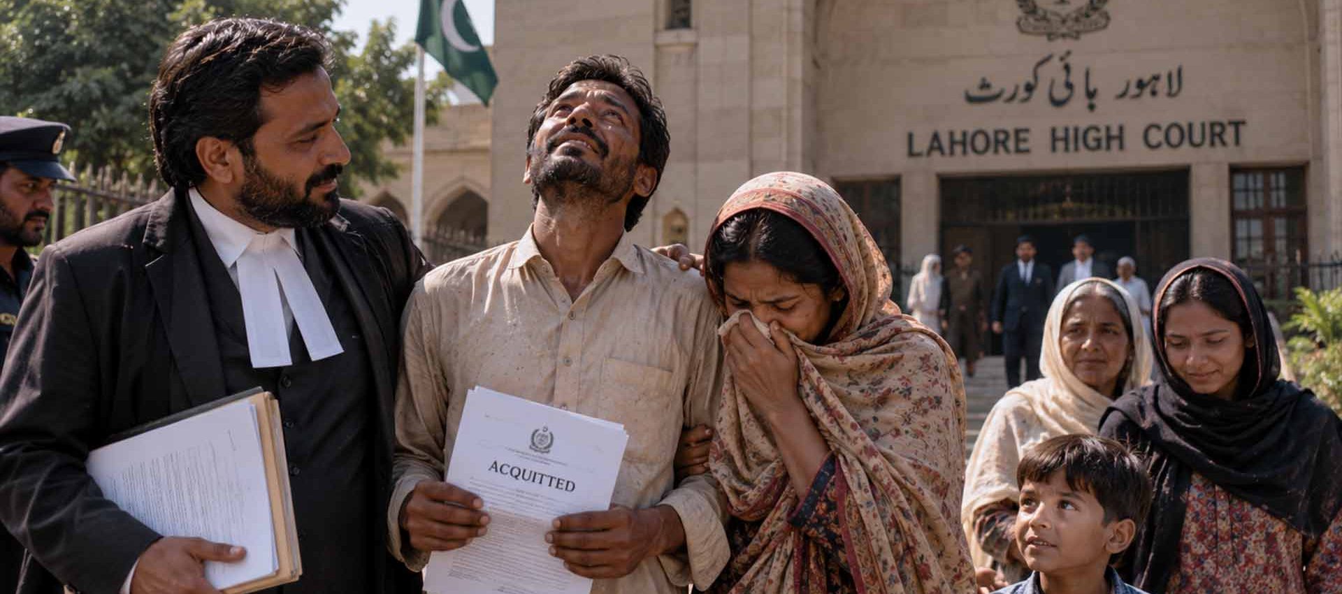 Uomo con documento di assoluzione accanto a un avvocato e ai familiari davanti all'Alta Corte di Lahore – immagine illustrativa
