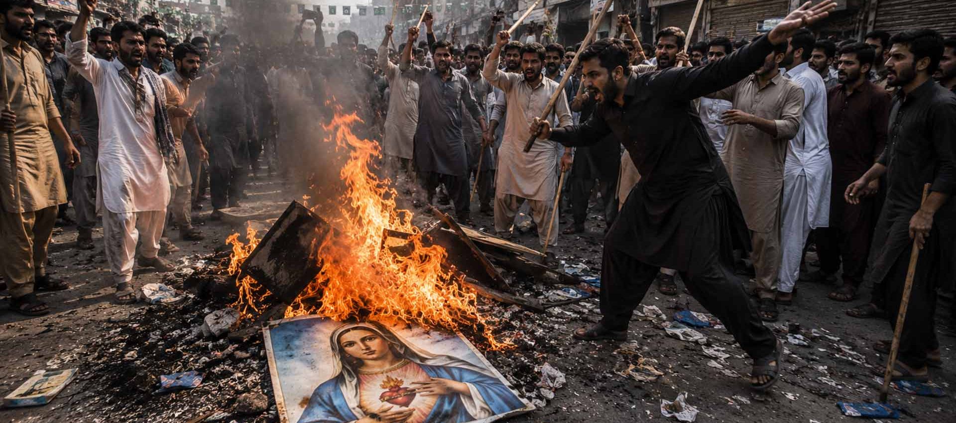 Folla di uomini con bastoni attorno a un incendio e a un'immagine della Vergine Maria in una strada pakistana – immagine illustrativa