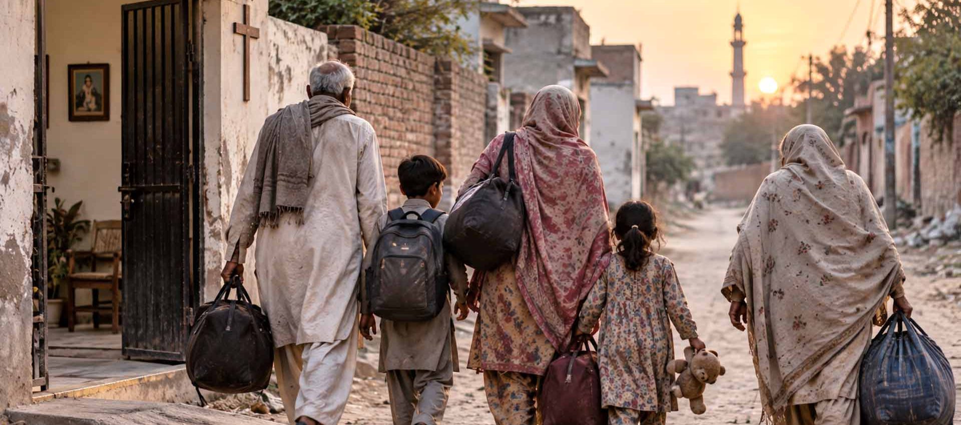 Famiglia pakistana con bambini e anziani che cammina lungo una strada portando borse e bagagli – immagine illustrativa