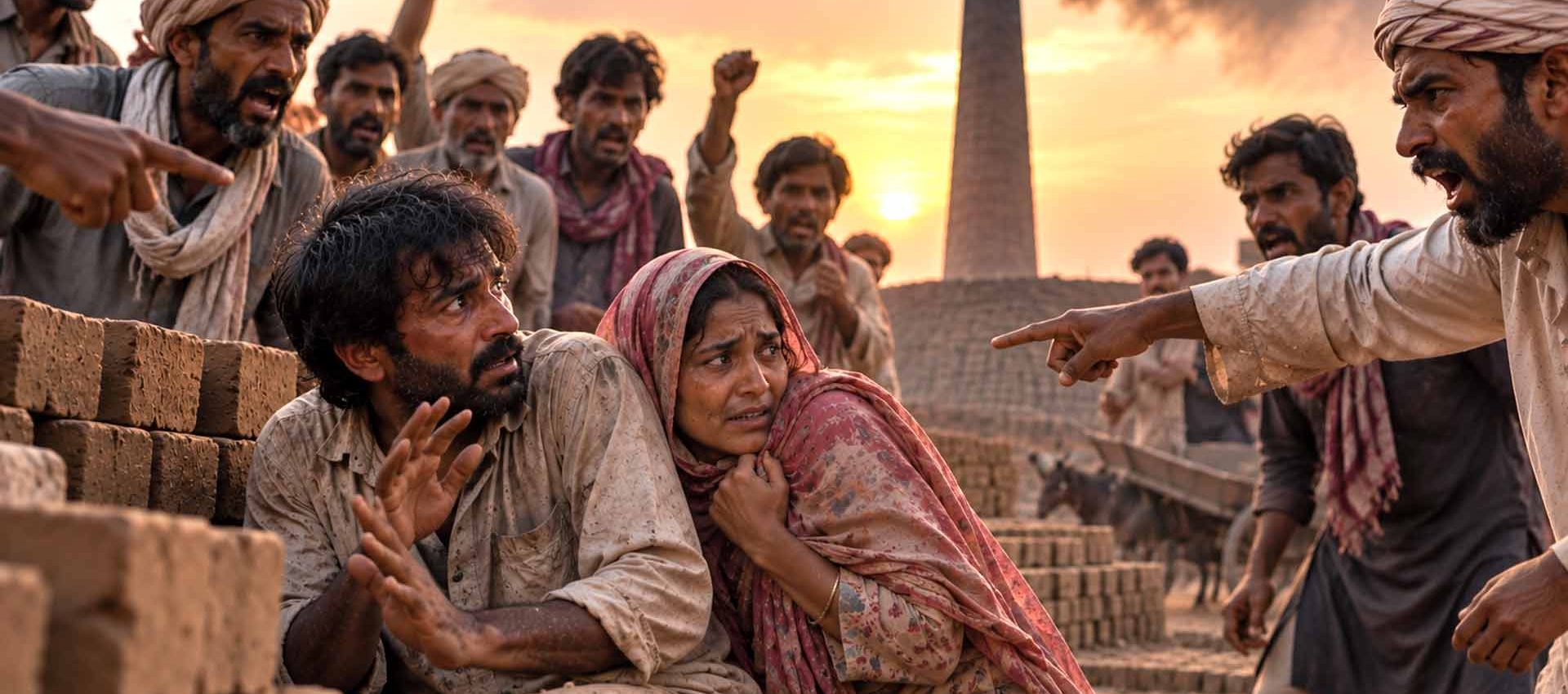 Uomo e donna spaventati circondati da uomini che gridano e li indicano in una fornace di mattoni in Pakistan – immagine illustrativa