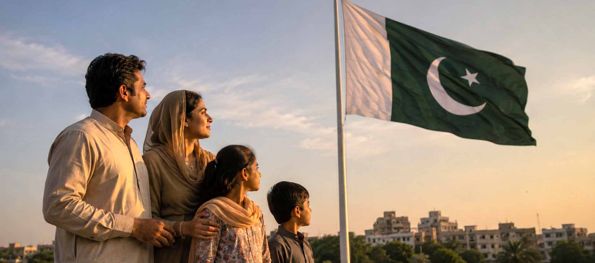 Famiglia cristiana pakistana accanto alla bandiera nazionale con la striscia bianca che rappresenta le minoranze religiose