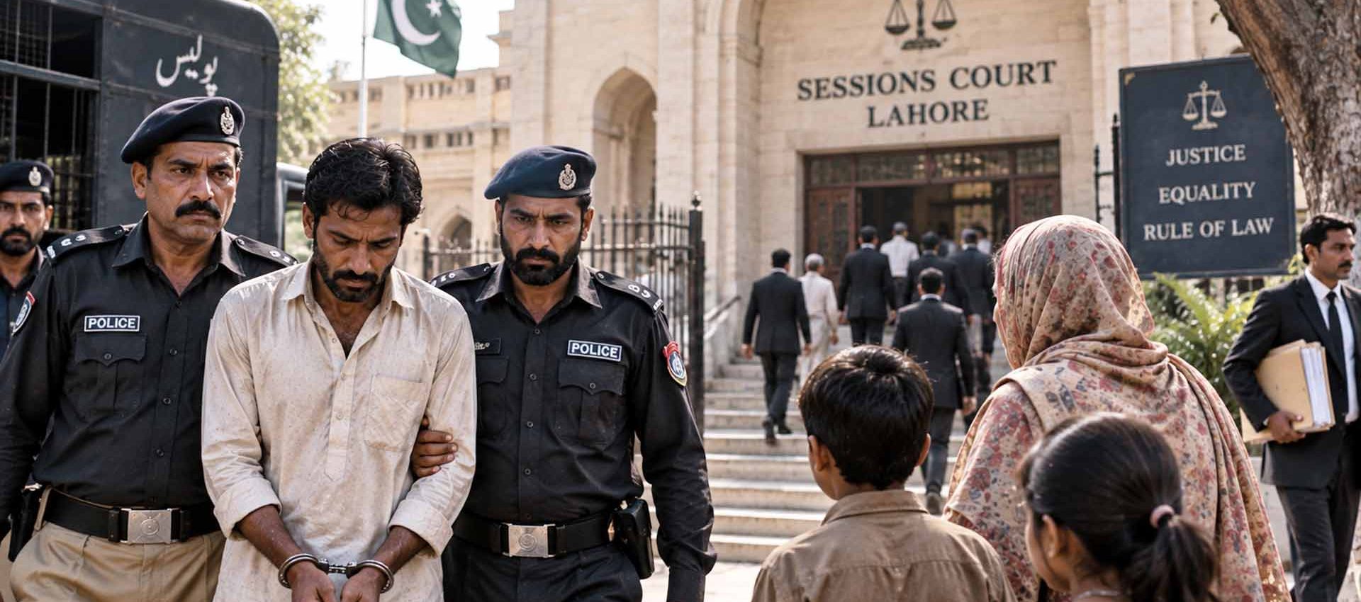 Uomo ammanettato accompagnato da agenti di polizia davanti a un tribunale di Lahore, con familiari nelle vicinanze – immagine illustrativa