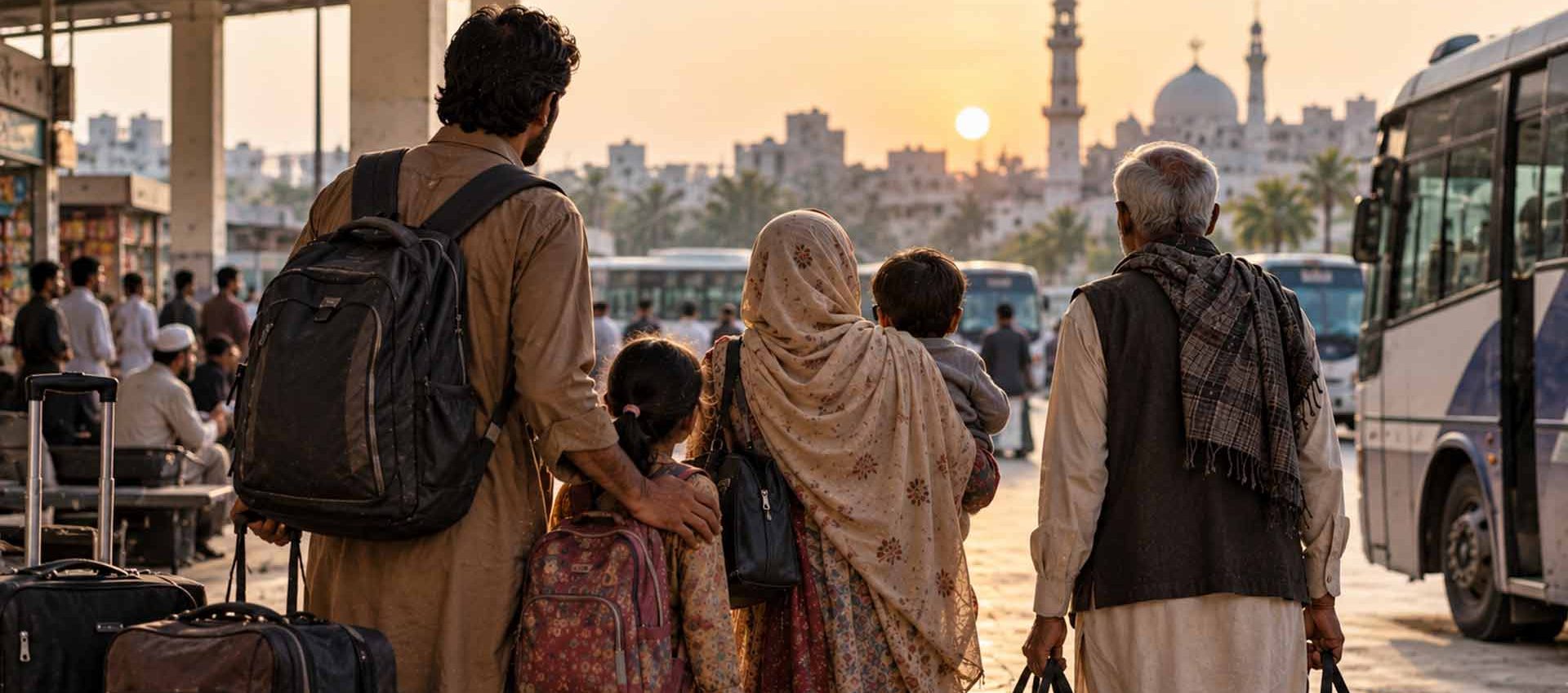 Famiglia con bambini, anziani e bagagli in una stazione degli autobus in Pakistan al tramonto – immagine illustrativa