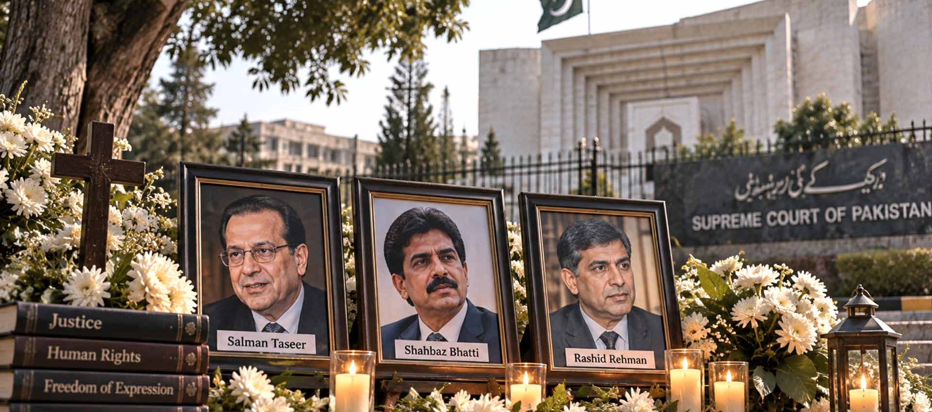 Memoriale illustrativo con tre ritratti etichettati Salman Taseer, Shahbaz Bhatti e Rashid Rehman, fiori bianchi e candele