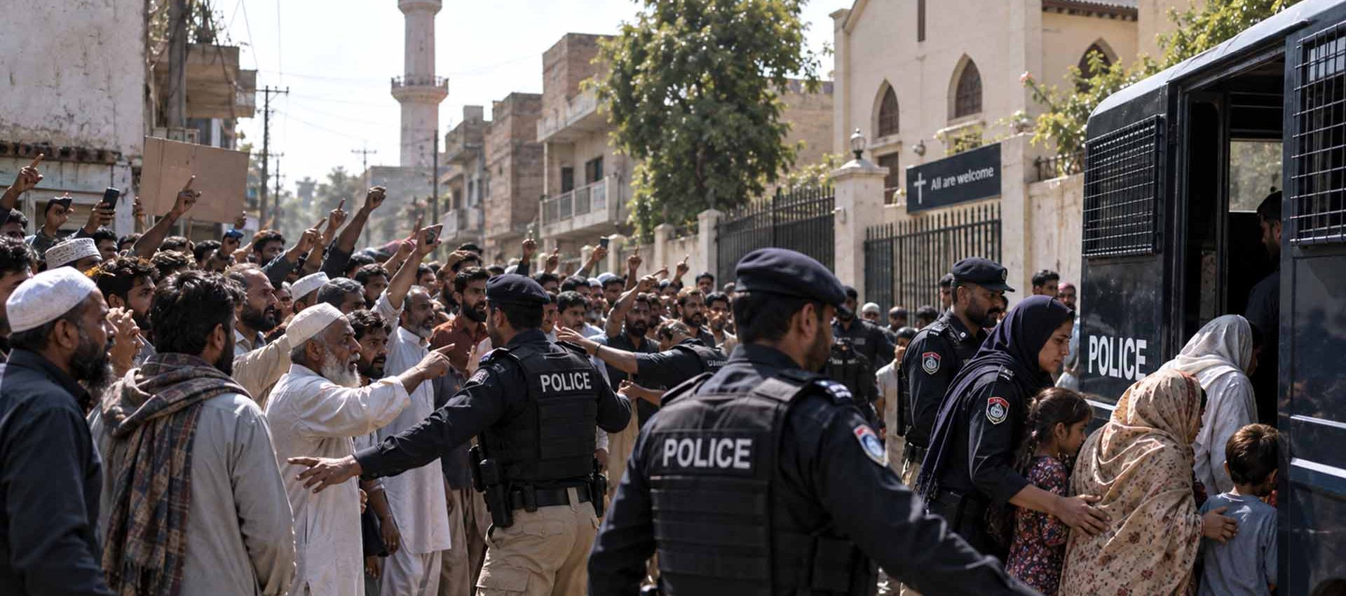 Agenti di polizia contengono una folla agitata mentre donne e bambini salgono su un veicolo della polizia davanti a una chiesa in Pakistan – immagine illustrativa